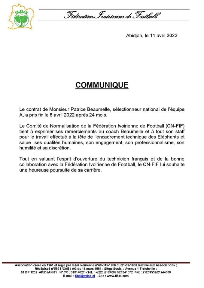 Le communiqué qui met fin au contrat de Patrice Beaumelle à la tête des Éléphants de Côte d'Ivoire