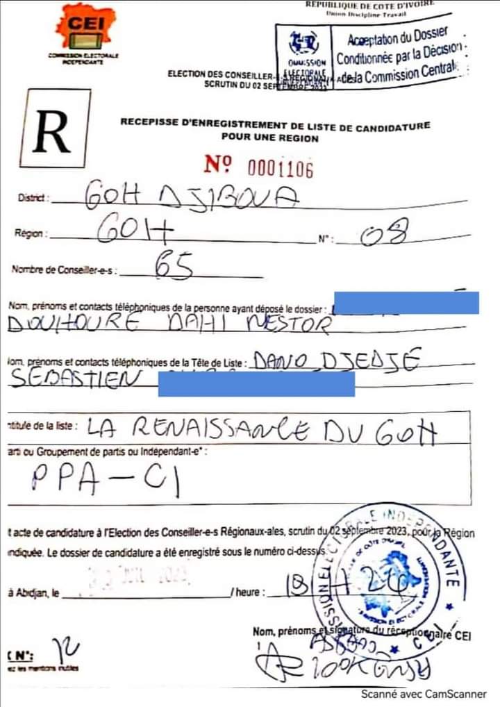 Le dimanche 23 juillet 2023, dernier jour des dépôts des candidatures aux élections locales de 2023 a été choisi par la liste " Renaissance du Gôh ", conduite par le Professeur Sébastien Dano Djédjé